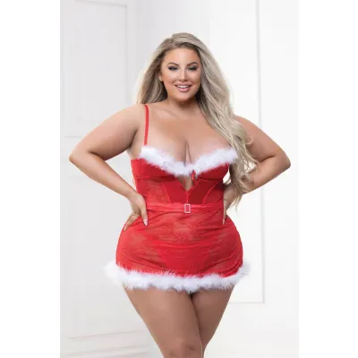 Two Piece Lace and Stretch Satin Chemise With Marabou Trim and G String Set 3x 4x Red