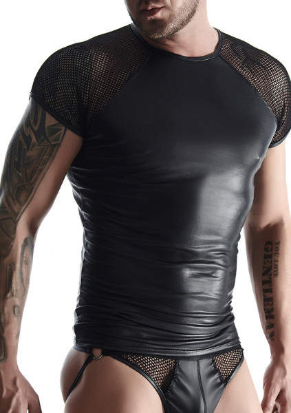 Wetlook & mesh Men's raglan sleeve t-shirt - Black - Kinky Male Underwear