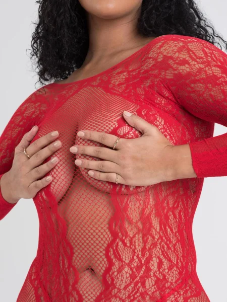 Lovehoney Plus Size All About That Lace Red Fishnet Open-Back Bodystocking