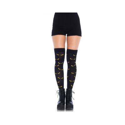 Spooky Eyes Printed Opaque Thigh Highs O s Black yellow