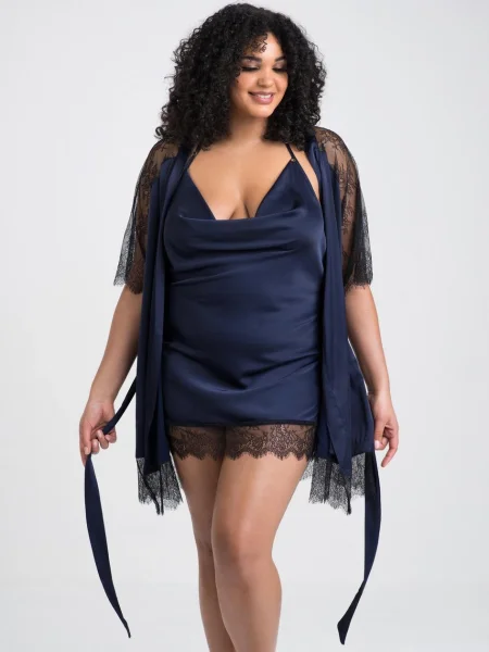 Lovehoney Plus Size Dark Orchid Navy Satin and Lace Robe