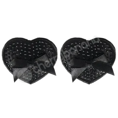 Peekaboo Premium Black Satin Nipple Pasties With Gems Bow 1 pair