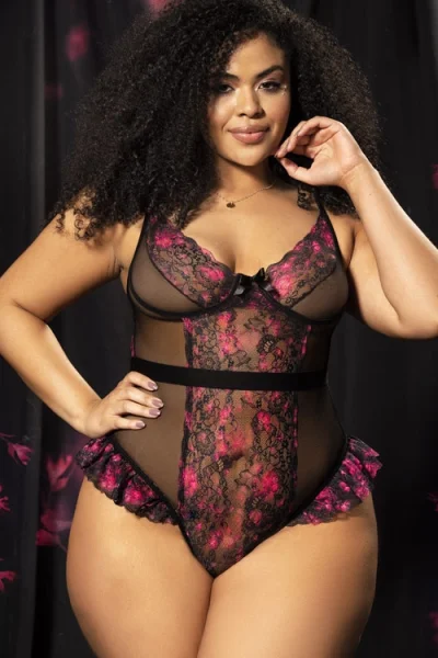 Mapale by Espiral Midnight Bloom Floral Print Lace & Mesh Bodysuit