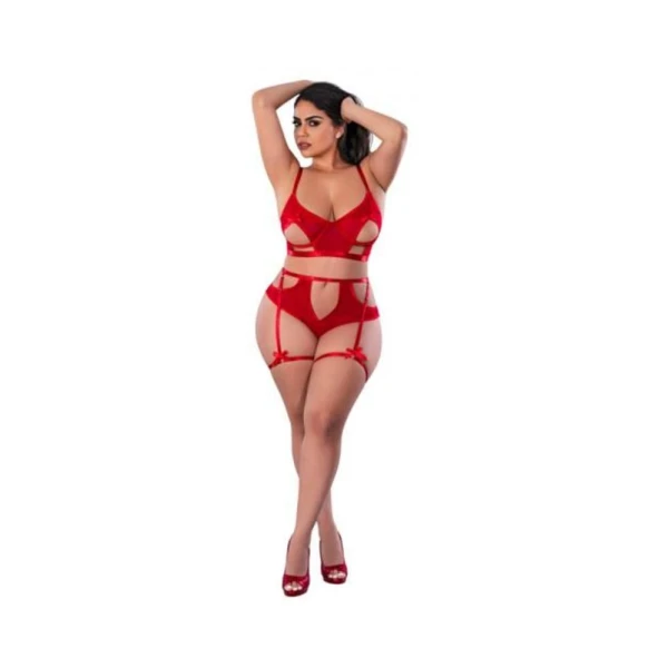 Women's Lingerie: Magic Silk Holidaze Bralette, High Waist Panty Set With Removable Garters Red Queen Size