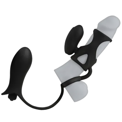 Kink Vibrating Cock Cage w Ball Strap Dual Bullets Black