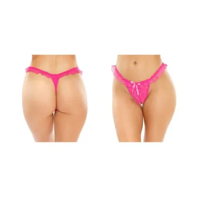 Flora Ruffled Lace Crotchless Pearl Thong Pink S m
