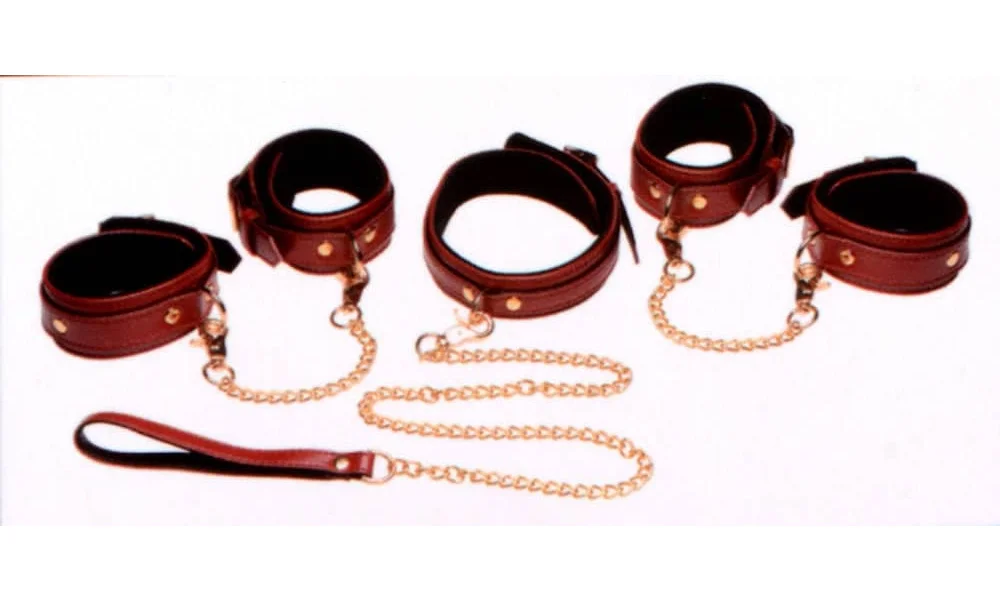 6 Piece Burgundy Bondage Set Burgundy Cuffs,  Collar and Leash