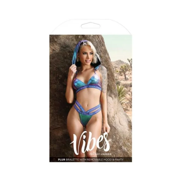 Women's Lingerie: Fantasy Lingerie Vibes Plur Holographic Bralette With Removable Hood & Panty Aqua Holo L/xl