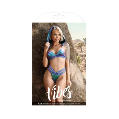 Women s Lingerie Fantasy Lingerie Vibes Plur Holographic Bralette With Removable Hood Panty Aqua Holo L xl