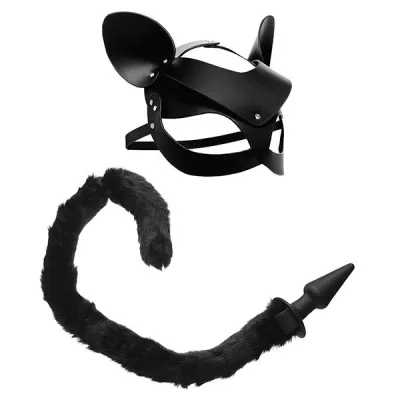 Tailz Black Cat Tail Anal Plug Mask Set