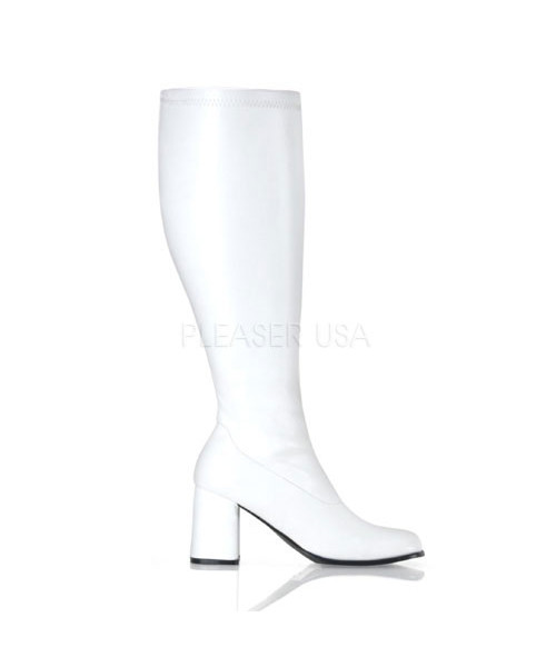 GOGO-300WC - 3" Block Heel Wide Calf, White PU Plus Size ST Boot,Side Zip