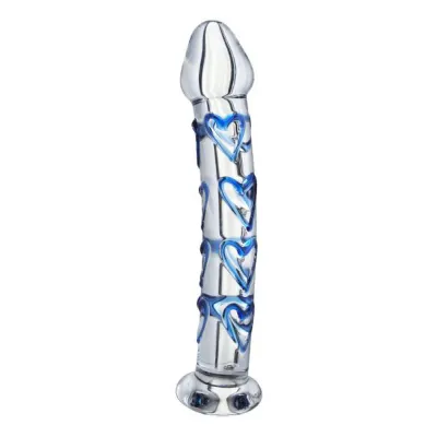 Asana Glass Dildo Clear Blue Heart Accents