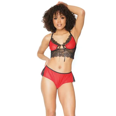 Red Mesh Black Lace Bralette Wide Leg Booty Shorts