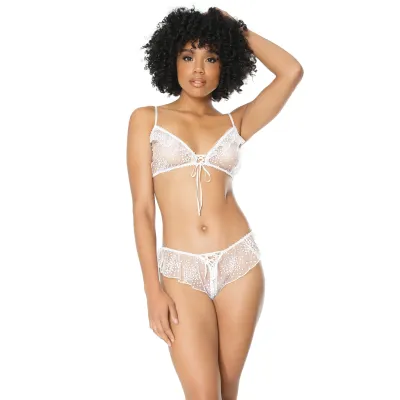 Ruffle Floral Accent White Bralette Panty
