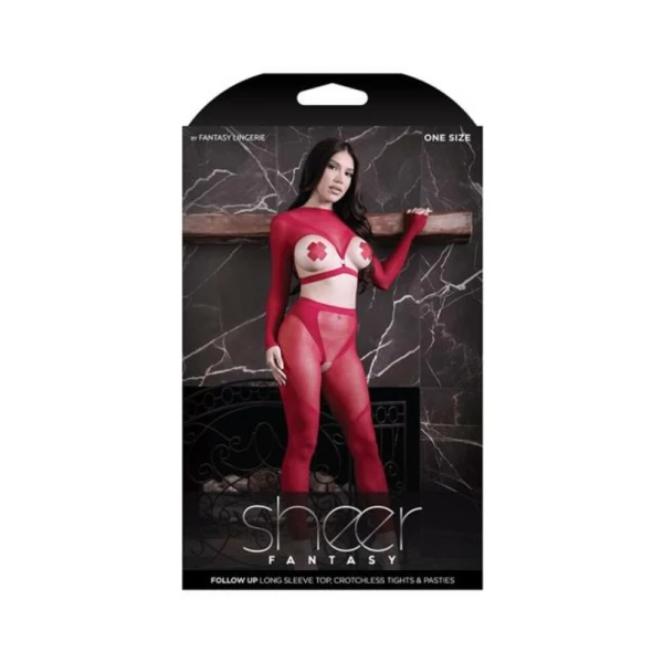 Sexy Accessories: Fantasy Lingerie Sheer Follow Up Longsleeve Open Top, Crotchless Tights & 1 Pair Of Pasties Red O/s