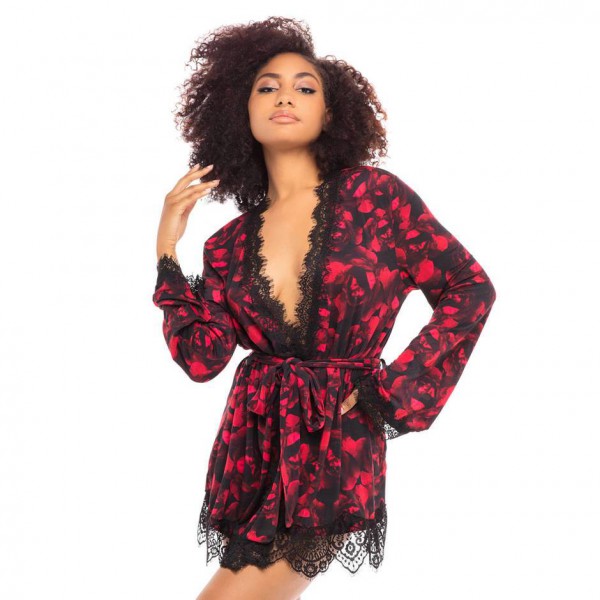 Oh La La Cheri Black Rose Print Lace Trim Robe