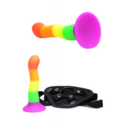 Strap U Pride Rainbow Silicone Dildo with Harness Vibrating Bullet