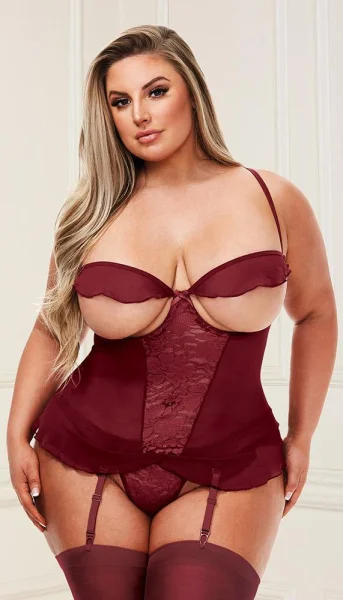 Sexy Open-Cup Lace Bustier & Ruffle G-String