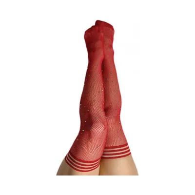 Women s Lingerie Kixies Red Fishnet Rhinestone Thigh High Size D