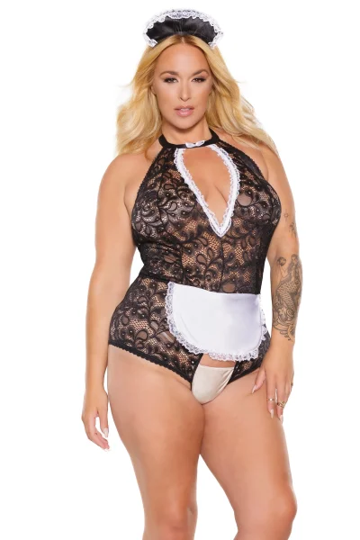 Plus Size Lace Maid Crotchless Teddy
