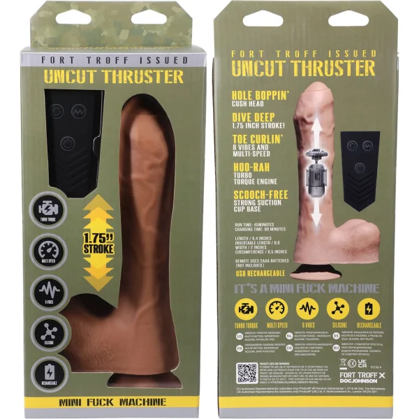 Fort Troff Uncut Thruster Rechargeable Silicone Mini Fuck Machine Dildo With Balls & Remote - Caramel