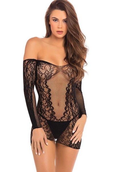 Rene Rofe Temptation Long-Sleeve Bodystocking Mini Dress