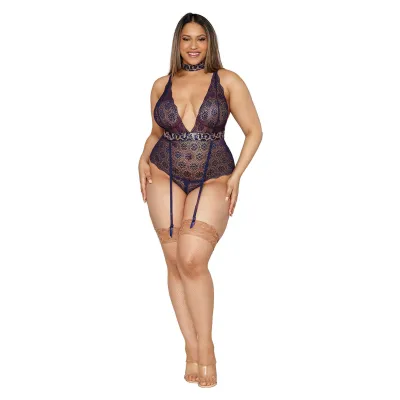 Garter Teddy and Choker Queen Size Nocturnal Blue