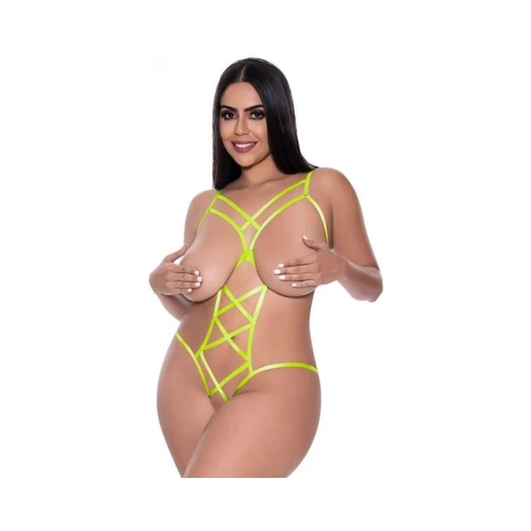 Magic Silk Strap Tease Cupless & Crotchless Teddy Yellow Queen