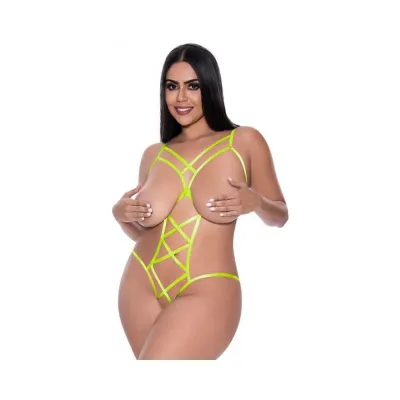 Magic Silk Strap Tease Cupless Crotchless Teddy Yellow Queen
