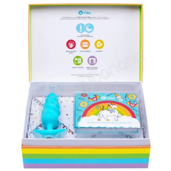 B-vibe Unicorn Vibrating Anal Plug & Rainbow Tail 6 piece Set