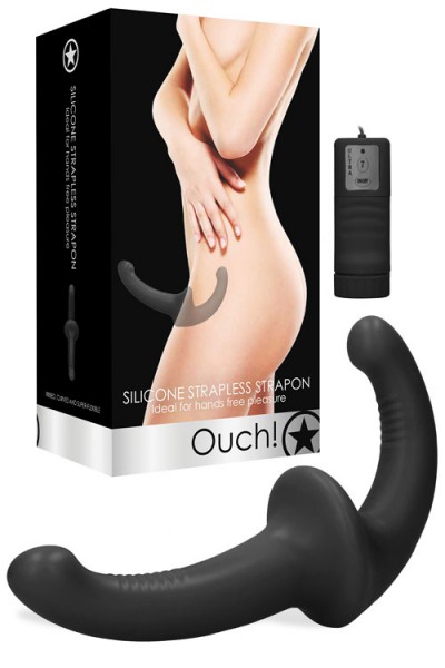 OUCH! 8" Vibrating Silicone Strapless Strap On With Wired Remote