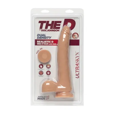 The D The Realistic D Slim Dildo With Balls Tan 9 Inch