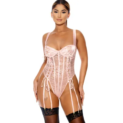 Forplay Lovebound Pink Lace Corset Teddy with Garters