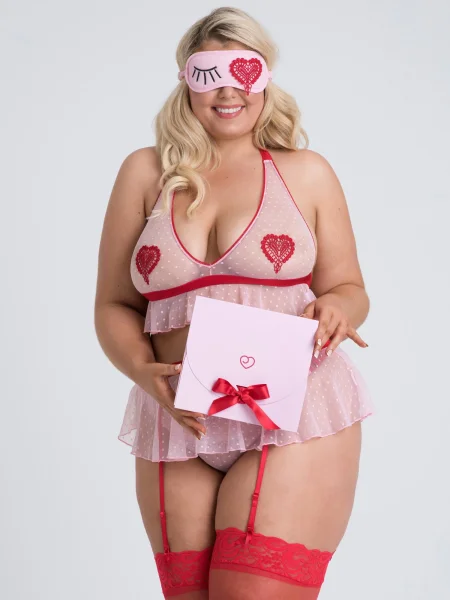 Lovehoney Plus Size Sweet Love Pink Bra Set and Eye Mask