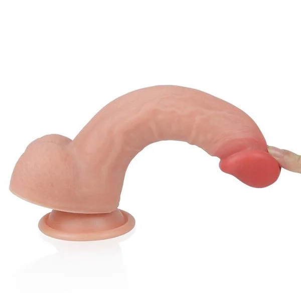 Lovetoy 8-Inch Dual Layered Curved Platinum Silicone Nature Cock Dildo with Balls