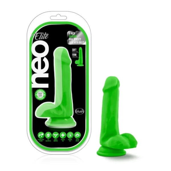 Blush - Neo Elite - 6" Silicone Dual Density Cock w Balls - Neon Green — image 4 of 6