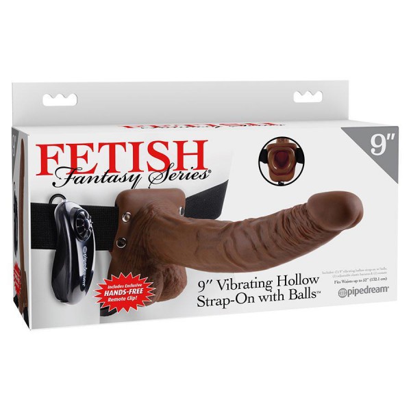 Vibrating 9 Inch Brown Hollow Strap-On Penis Extension with Balls
