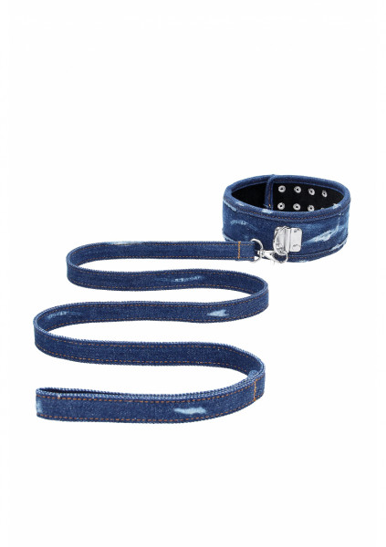 Denim Collar - With Leash - Roughend Denim Style - Blue - Hardcore bondage toys