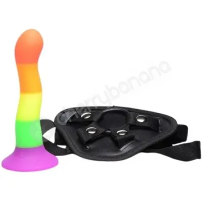 Strap U Proud Rainbow Dildo With Black Adjustable Harness Strap On Set With Bullet Vibe