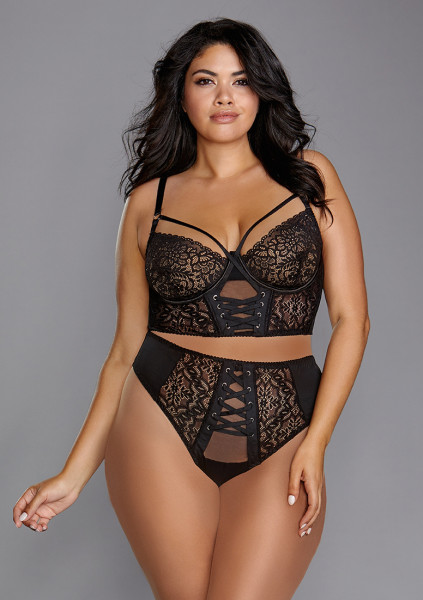 Stretch Mesh & Stretch Galloon Lace Bustier - Black - Sexy Underwear Sets