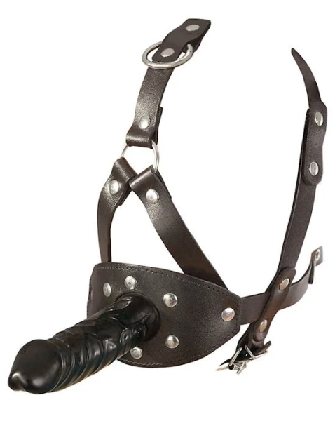 Leather Head Harness With Dildo - Black - 5.1 Inch