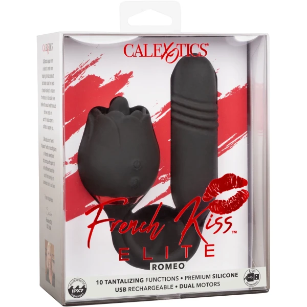 French Kiss Elite Romeo Thrusting Bullet Vibe & Flickering Tongue Clitoral Stimulator By CalExotics - Black