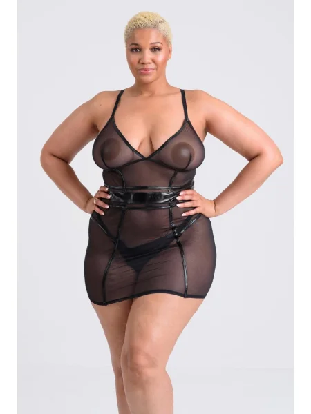 Lovehoney Plus Size Fierce Wet Look and Mesh Panelled Black Mini Dress Set