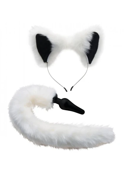 Tailz Black Silicone Anal Plug With White Fox Faux Fur Tail & Matching Ears