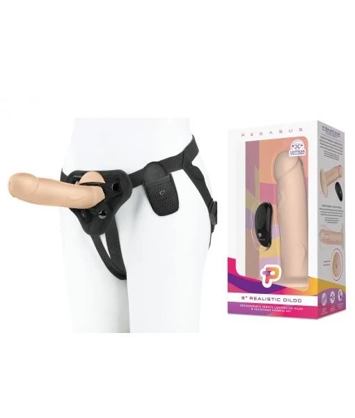 Pegasus 8-Inch Realistic Dildo Rechareable Remote Controlled Dildo & Adjustable Harness Set