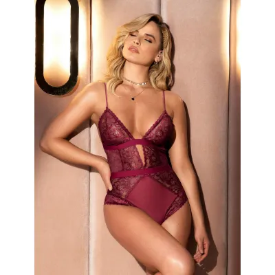Mapale Wine Lace Plunge Heart Cut Out Bow Detail Body