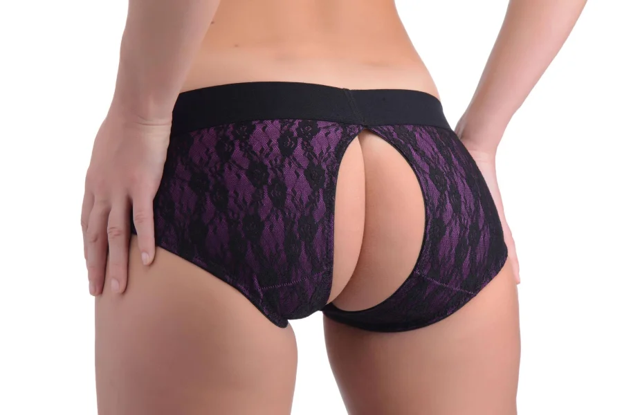 Lace Envy Crotchless Panty Harness - L- XL Purple and Black