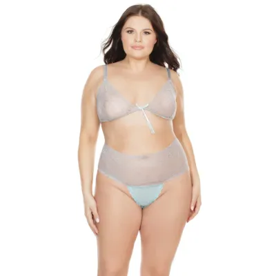 Plus Size Teal Grey Bralette High Waisted Panty Set