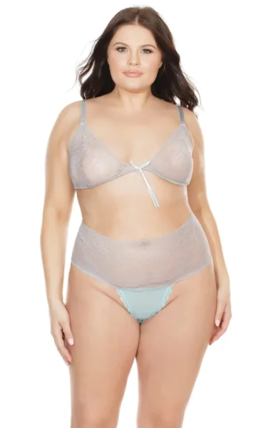 Plus Size Teal & Grey Bralette & High-Waisted Panty Set