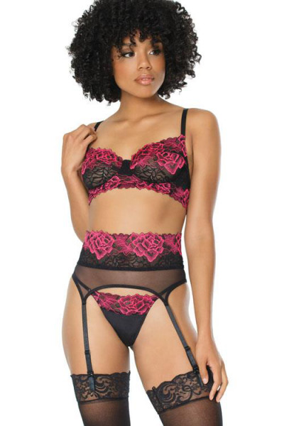 Coquette Midnight Rose Bra with Garter Belt & G-String